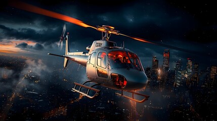 Aufkleber - Glowing mesh lines tracing the path of a helicopter soaring over a captivating cityscape at night showcasing a visionary