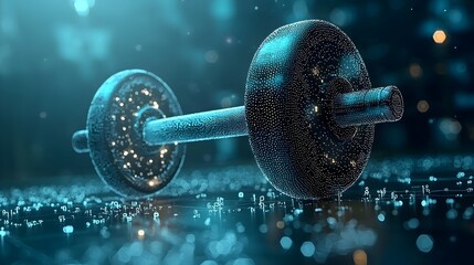 Aufkleber - Glowing mesh of a gym weightlifting bar mid lift with light trails forming dynamic arcs creating a futuristic abstract and energetic visual effect
