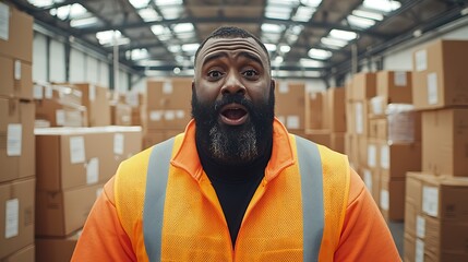 Engaging warehouse worker in bright safety gear surrounded by boxes expresses excitement and enthusiasm for his job