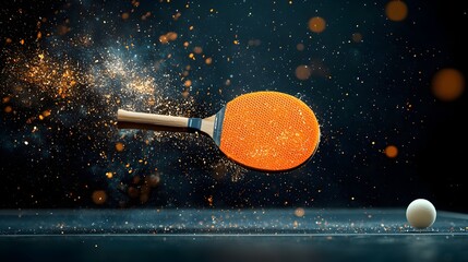 Poster - Glowing mesh ping pong paddle hitting a ball with colorful sparks and energy radiating from the impact  Dynamic and vibrant motion during a game or competition