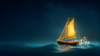 Aufkleber - Glowing mesh sailboat gracefully navigating through dynamic ocean waves under a breathtaking starry night sky creating a captivating and futuristic seascape