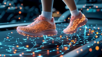 Fototapete - Glowing mesh runner pulsing on treadmill with rhythm beats creating a futuristic and dynamic fitness scene with digital technology and energy