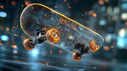Fototapete - Glowing mesh skateboard soaring mid air with vibrant graffiti inspired light trails representing the dynamic and futuristic nature of urban sports and design
