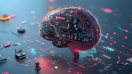 Leinwandbilder - Glowing mesh structure representing an neural network or digital brain with pulsating data pathways and light illumination showcasing the complex inner workings and information flow of intelligence