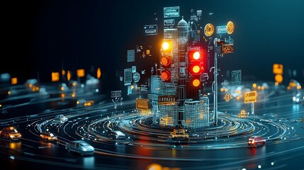 Poster - Glowing mesh traffic lights changing colors with vibrant light trails of moving vehicles on a busy urban road or highway at night  The image has a modern futuristic and dynamic feel