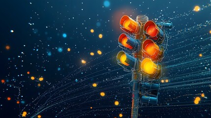 Aufkleber - Glowing mesh traffic lights in an urban setting changing colors dynamically as vehicles move past creating light trails and a futuristic contemporary visual effect