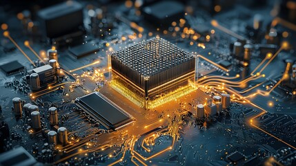 Fototapete - Glowing quantum computer chip with intricate data patterns representing the advanced technological landscape  This dynamic and visually captivating image symbolizes the power of computing