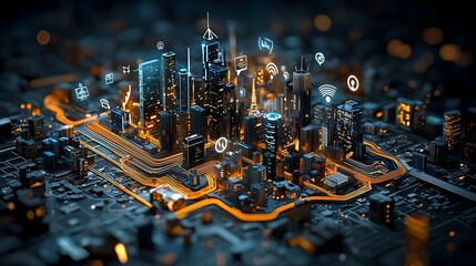 Leinwandbilder - Glowing wireframe mesh lines outlining an interconnected network of IoT sensors and devices across a futuristic technologically advanced smart city