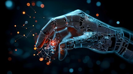 Leinwandbilder - Glowing wireframe outline of a robotic arm meticulously assembling and constructing intricate high tech devices and machinery  Futuristic automation and digital manufacturing concept