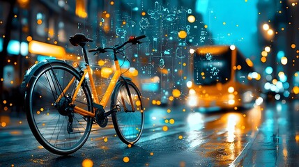 Aufkleber - Illuminated futuristic mesh bicycle lane glowing with neon lights along a contemporary city path at night representing sustainable urban transportation infrastructure