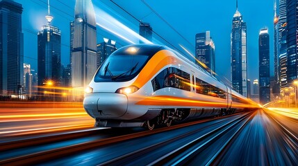 Poster - Innovative digital showcasing a futuristic mesh pattern design of a high speed train gliding swiftly through a modern cityscape creating dynamic light trails and a sense of speed and technology