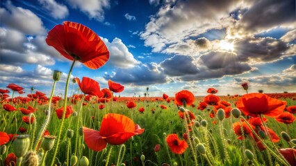 Vibrant field of red poppies under a blue sky with fluffy clouds and sunlight