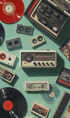 Vintage music memorabilia on blue background.