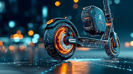 Poster - Mesh Outline of an Electric Scooter Parked with Intricate Light Patterns Radiating from Its Form Showcasing the Future of Sustainable Urban Mobility and Technology Driven Design