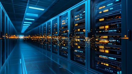 Fototapete - Mesh outline of a modern data center with glowing server racks and intricate light pathways showcasing the complex infrastructure and technological advancements in the digital world