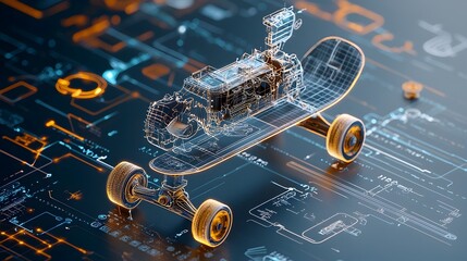 Aufkleber - Mesh Outline of an Electric Skateboard with Dynamic Luminous Trails Depicting Modern Transportation Technology and Futuristic Design