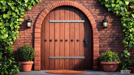 Majestic arched wooden door with heavy planks and ornately studded iron hardware on the facade of a classic historic residential building