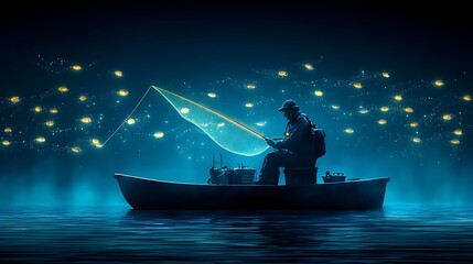Aufkleber - Mesmerizing Glowing Mesh Fishing Line Cast into Shimmering Water Pattern with Captivating Luminous Reflections and Undulating Motions