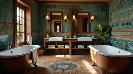 A luxurious bathroom with two freestanding bathtubs, a double vanity with sinks, and a tiled floor. The walls are covered in blue and green tiles and there are two mirrors hanging above the vanity.