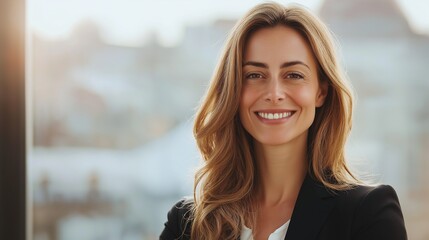 Young successful smiling pretty business woman, standing on big city urban street, success