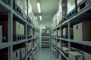 Depict a clean and well-organized warehouse with labeled shelves. Highlight the importance of a tidy and systematic