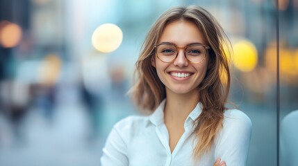 Young successful smiling pretty business woman, standing on big city urban street, success