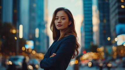 Young successful smiling pretty business woman, standing on big city urban street, success