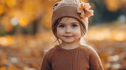 Autumn vives cute little blonde girl wearing comfy sweater and knitted cap, smiling at the camera	
