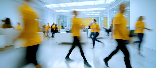 A blurred image of people walking quickly through a modern office building hallway.