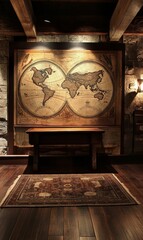 Poster - Vintage world map, wooden table, rug, hardwood floor.