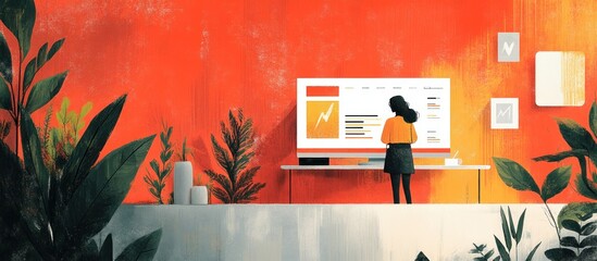 Wall Mural - woman working on a computer with charts and graphs on the screen in a home office.