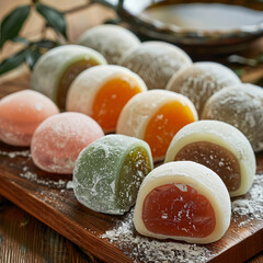 colorful mochi dessert assorted japanese display powder sugar close-up traditional sweet filling wooden board delicious Confectionery Variety dusted kyoto bamboo chewy daifuku peanut matcha sesame 