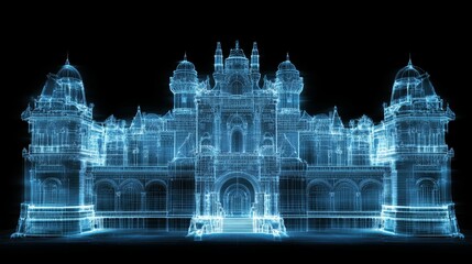 a stunning wireframe representation of a historic building, illuminated in blue against a black back