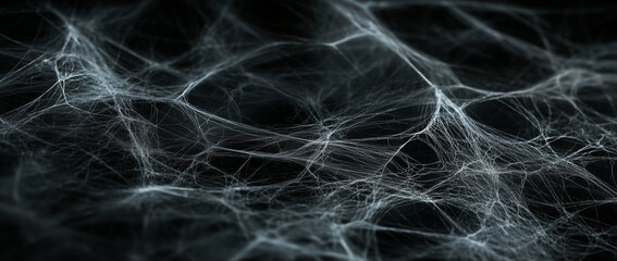 Close-up view of an intricate network of delicate fibers, resembling a web structure against a dark, mysterious background