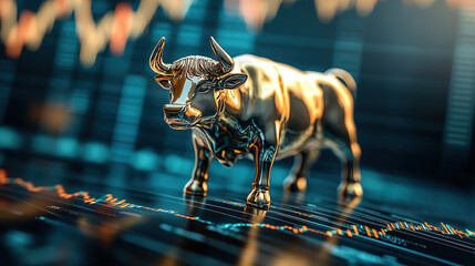 A golden bull figure standing on a dynamic stock market graph background with volumetric lighting