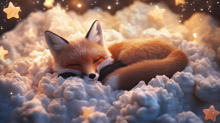 Wall Mural - A fox curled up on a cloud made of whipped cream, surrounded by twinkling candy stars 