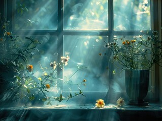 Wall Mural - Sunlit Flowers Through Window: A Tranquil Still Life