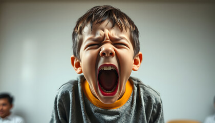 Screaming sad boy with autistic disorder cover ears and scream during development therapy class lesson isolated with white highlights, png