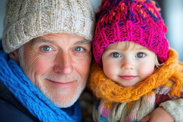 A grandfather and grandchild share a joyful moment, warmly dressed in brightly colored winter attire, capturing the essence of family and generational love.