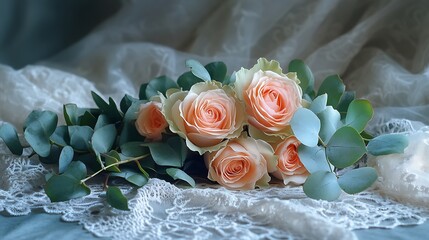 A bouquet of succulents and soft pink roses, arranged with eucalyptus leaves, lying on a lace cloth, background of a softly lit room, hd quality, elegant and rustic composition. --ar 16:9