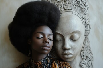 Wall Mural - Woman with Afro Hair Posing by Sculpture. Generative AI.