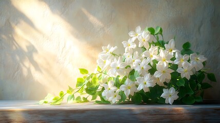 A cascading bouquet of stephanotis and ivy, resting on a wooden table, trailing vines flowing over the edges, background softly blurred with gentle sunlight, hd quality, timeless and elegant style.