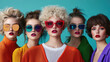 © Nattapol - group of women with various hairstyles wearing colorful sunglasses and bold lipstick, showcasing vibrant and stylish look. Their expressions convey confidence and fashion forwardness