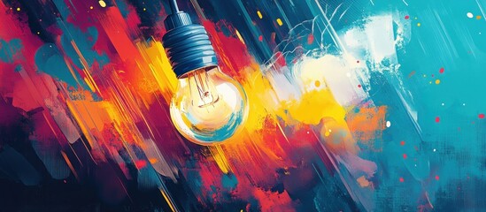 Wall Mural - a glowing light bulb hangs against a colorful abstract background.