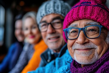 An elderly group of friends wearing cozy hats and sweaters, sharing joyful moments in a warm setting, exuding warmth, friendship, and happiness.