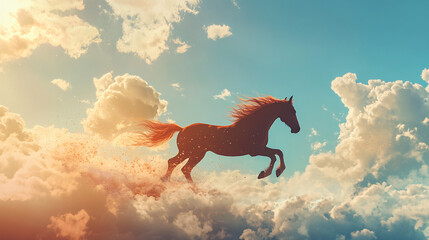 Wall Mural - A horse galloping across a sky full of floating clouds shaped like cotton candy 