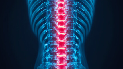 X-ray image of a human spine, showcasing vertebrae and spinal cord, highlighted in blue and red colors against a dark background.