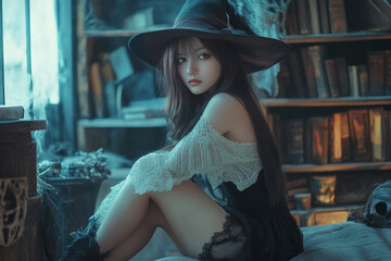 Beautiful witch woman in black dress and hat, ,Generated By Ai