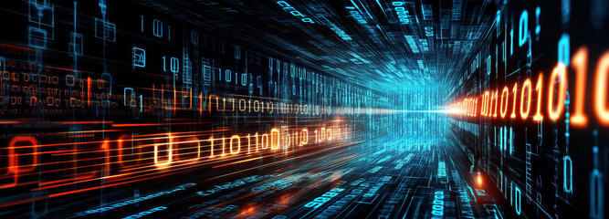 Binary code flowing in a futuristic digital tunnel illuminated in vibrant colors representing technology and data exchange