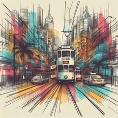 Vibrant Urban Cityscape with Colorful Tram and Skyscrapers in Hong Kong with Generative AI.